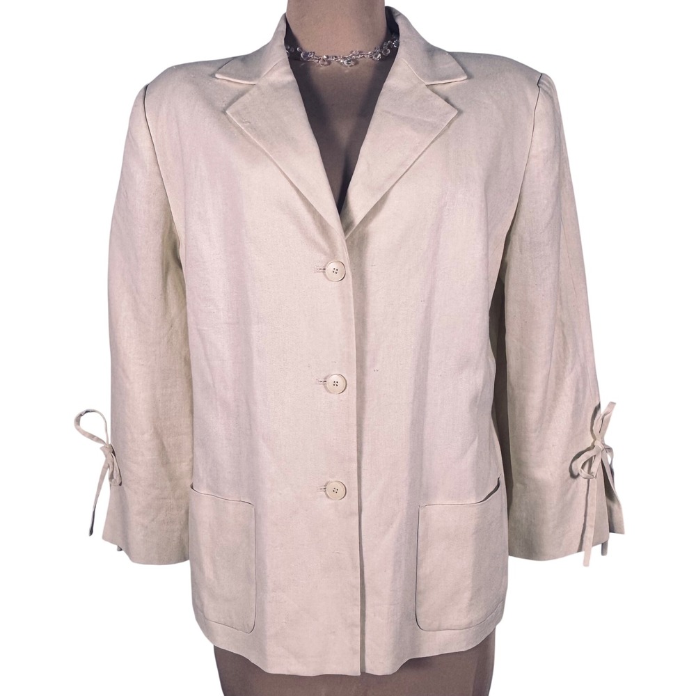NWOT Linen Blend Blazer Sz 12 Ivory 3/4 Tie Bow Sleeve Herman Geist Quiet Luxury